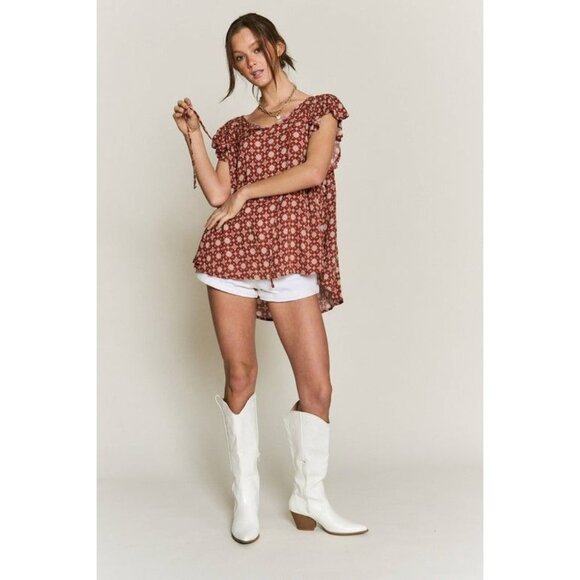 Rust-Red Floral Ruffle Sleeve Rayon Top With Tie Neck XL - Picture 2 of 5